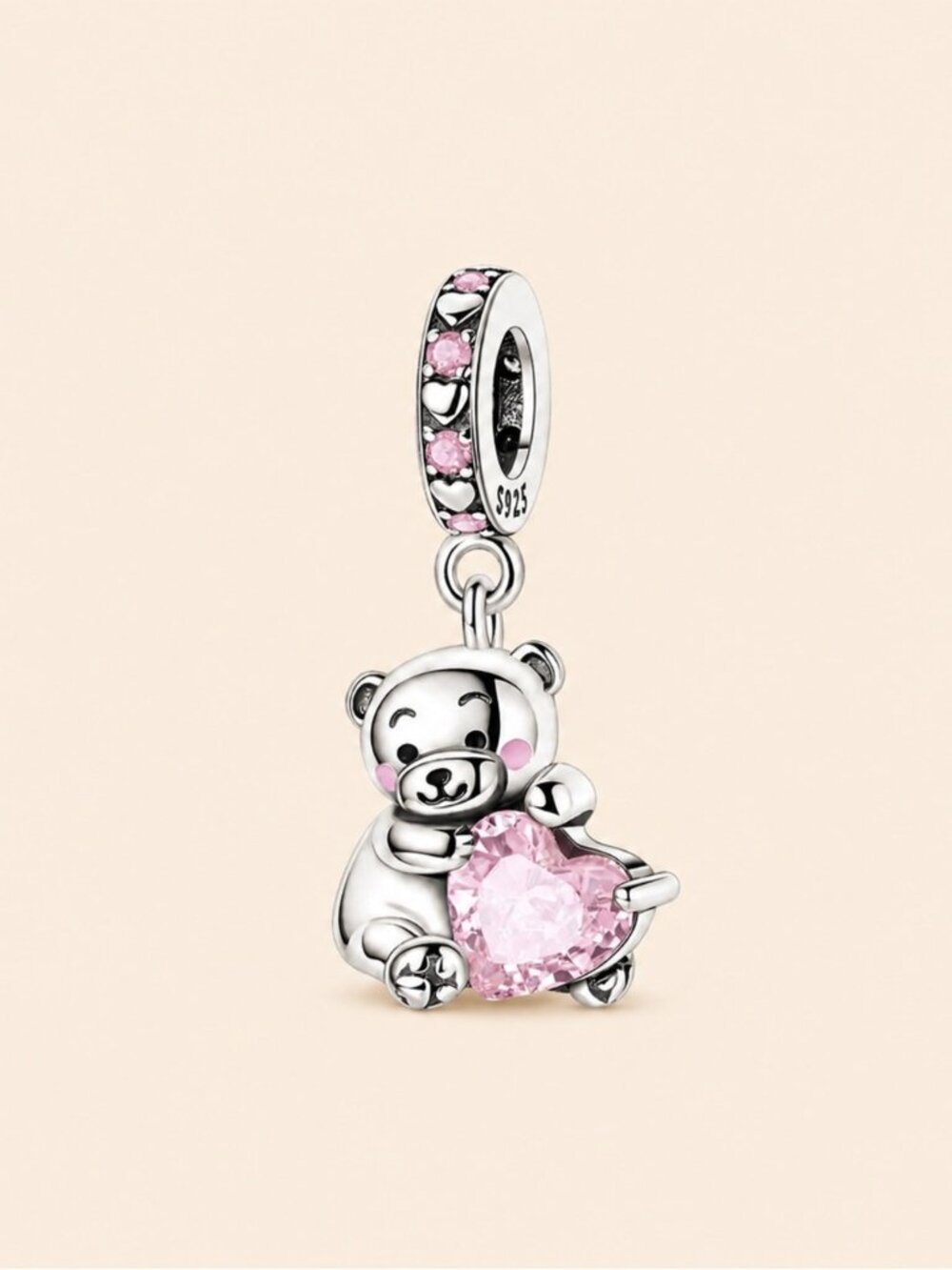 Sterling Silver Pink Heart Bear Dangle Charm